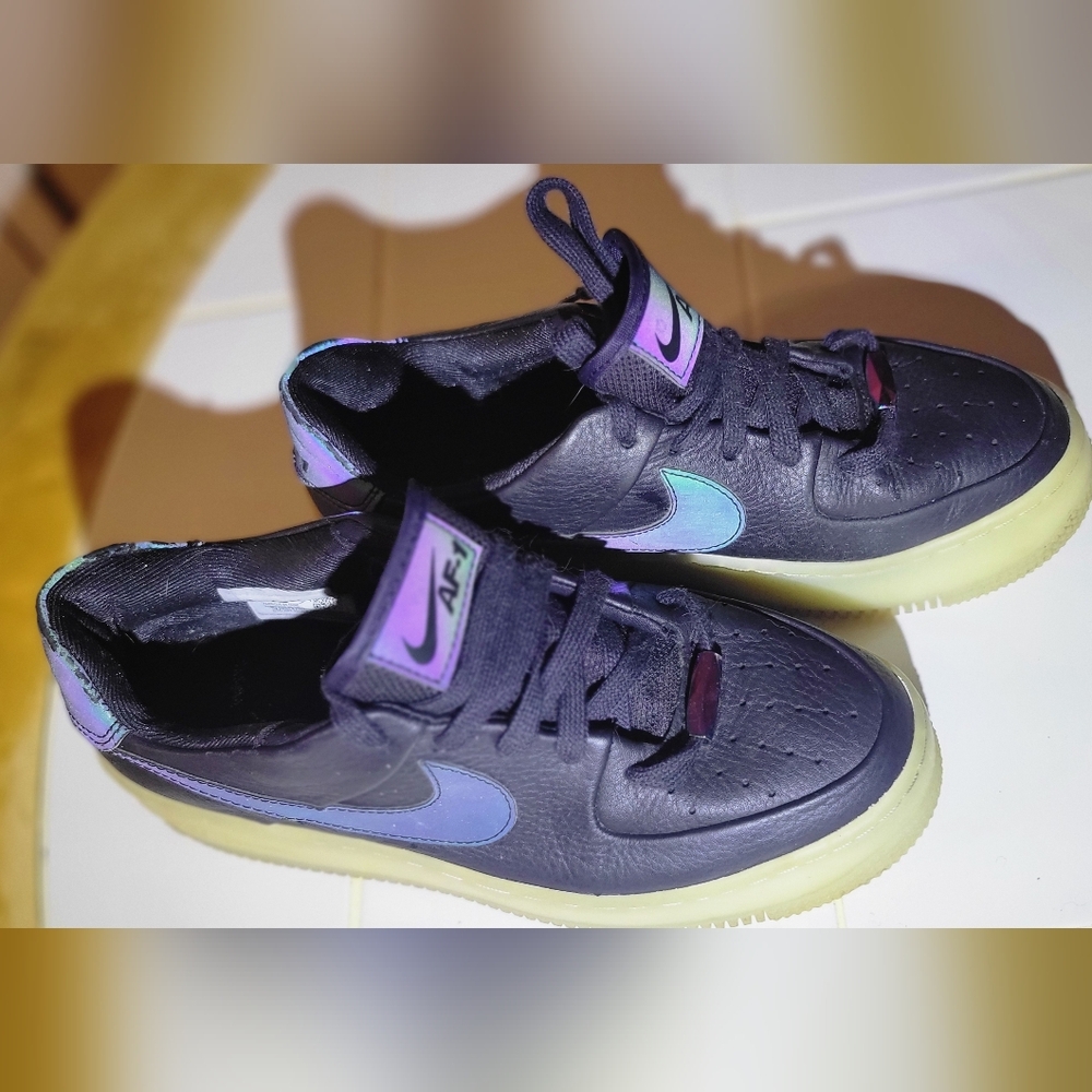 Nike Air Force 1 Black and Holographic Purple Sneakers